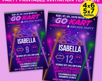 Girls Go Kart, Laser Tag & Arcade Birthday Party Printable Invitation - Pink And Violet - EDIT YOURSELF At Home With Adobe Reader Or Canva