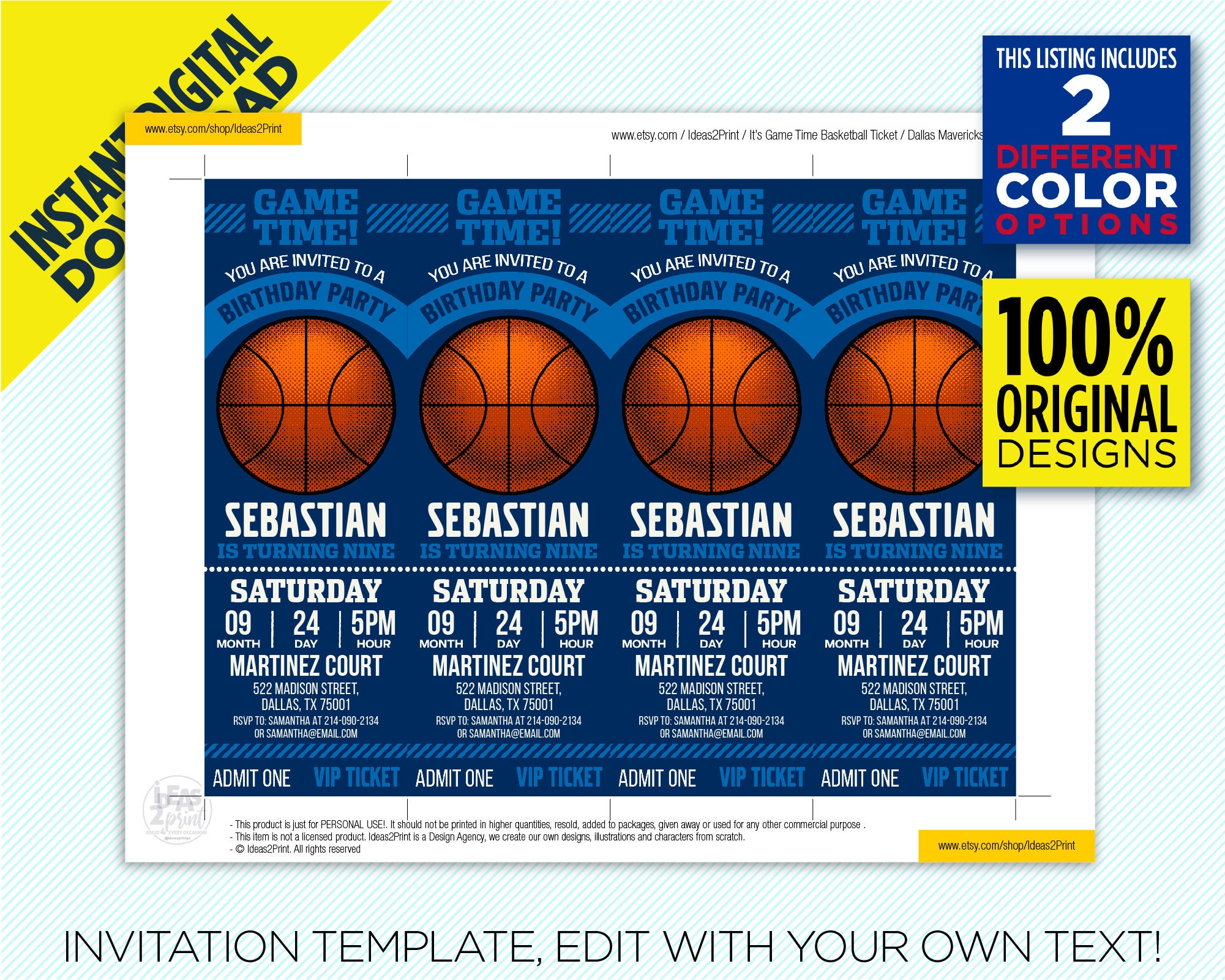 Dallas Mavericks Ticket Printable Invitation Mavericks Etsy