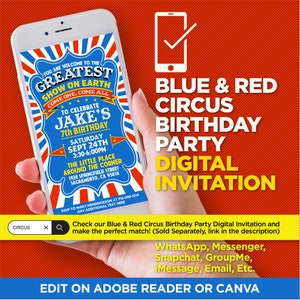 K&ouml;nnte beinhalten: Eine digitale Einladung zu einer blau-roten Zirkus-Geburtstagsparty f&uuml;r Jakes 7. Geburtstag. Die Einladung zeigt einen rot-wei&szlig;-blauen gestreiften Hintergrund mit einem Zirkuszeltdesign. Der Text auf der Einladung lautet: "Willkommen zur gr&ouml;&szlig;ten Show der Welt Kommt alle, kommt alle Um Jakes 7. Geburtstag zu feiern Samstag, 24. September 15:30-18:00 Uhr Der kleine Ort Um die Ecke 1924 Springfield Street Sacramento, CA 95814".