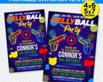 Uitnodiging voor verjaardagsfeestje Gelly Ball: afdrukbaar, zelf bewerken (Adobe Reader of Canva)