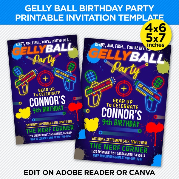 Gelly Ball Party Printable Invitation - Gellyball Birthday Party - Paintball Party Invite - EDIT YOURSELF At Home With Adobe Reader Or Canva