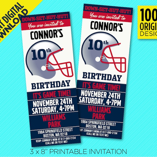 New England Football Team Birthday Party Printable Invitation - New England Blue & Red Ticket Template - EDIT YOURSELF At Home