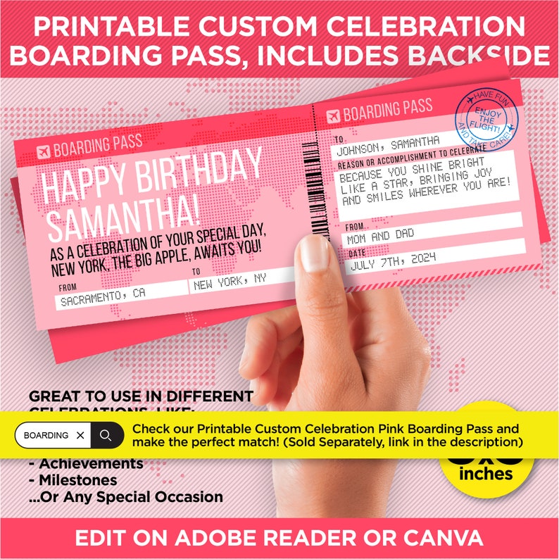 Op de afbeelding: Printbare roze instapkaart sjabloon met de tekst "Happy Birthday Samantha!" en "Als viering van je speciale dag, New York, de Big Apple, wacht op je!" De kaart is ontworpen om eruit te zien als een instapkaart van een luchtvaartmaatschappij met de woorden "Boarding Pass" bovenaan. De kaart is 14 cm breed.