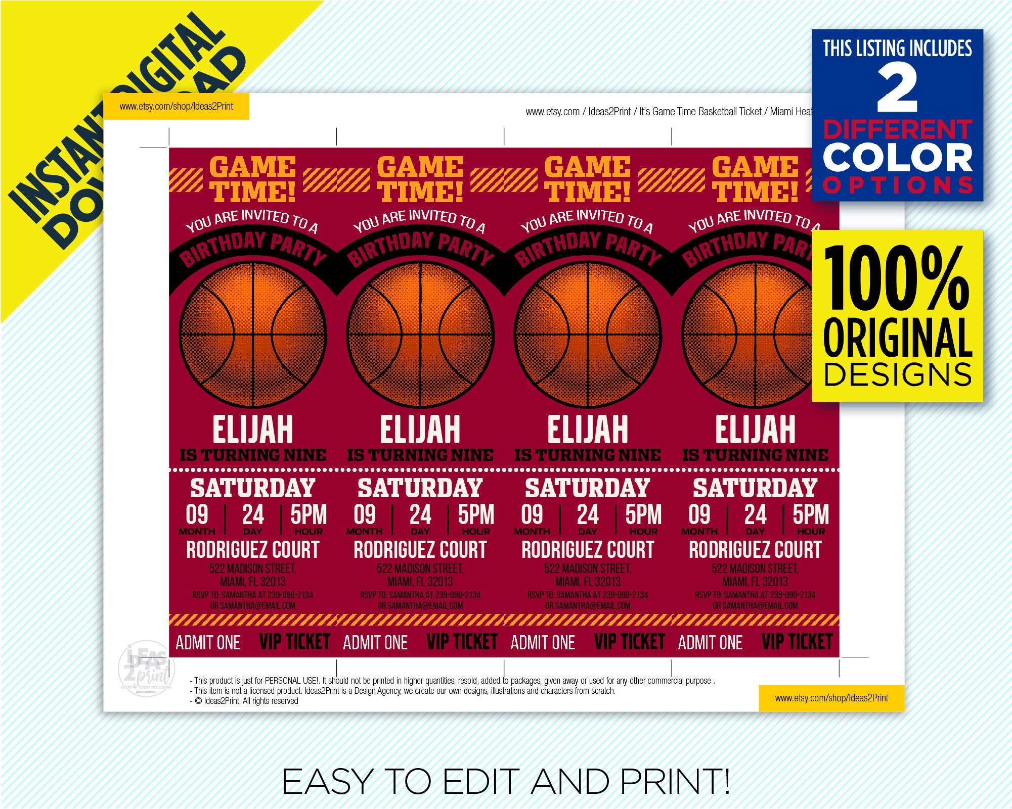 Miami Heat Ticket Printable Invitation Red Yellow & Black Etsy