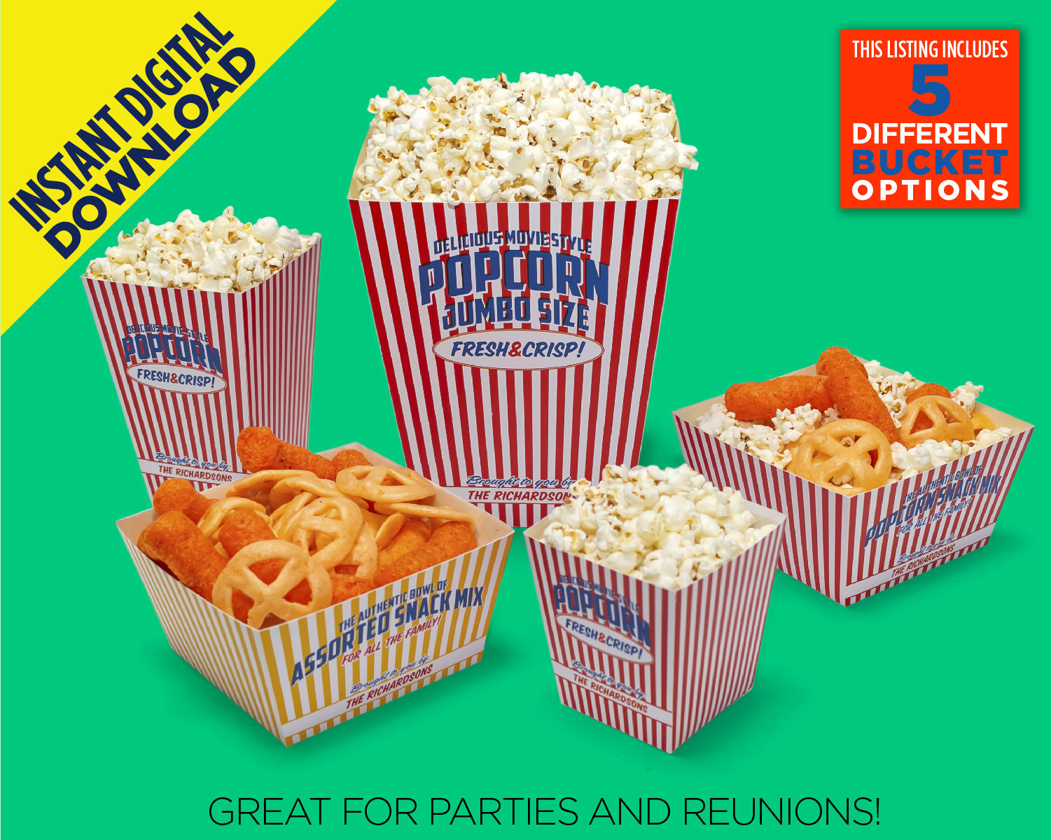 DIY Vintage Popcorn Bucket Printable 4 Different Sizes Instant Digital