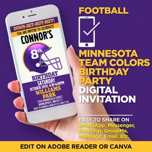 Minnesota Football Team Colors Birthday Party Digital Invitation - EDIT YOURSELF At Home With Adobe Reader Or Canva, Share On WhatsApp