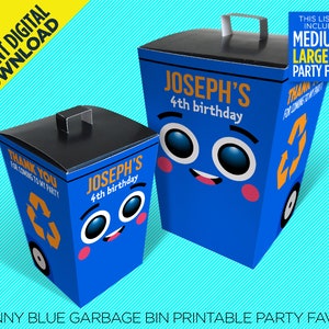 Blue Garbage Bin Party Favor, Garbage Birthday Party Favor Box, Blue Trash Can Treat Box, Instant Digital Download, Edit Yourself At Home