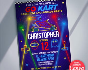 Go Kart Laser Tag Arcade Party Invitation Template | Editable Canva Birthday Invite