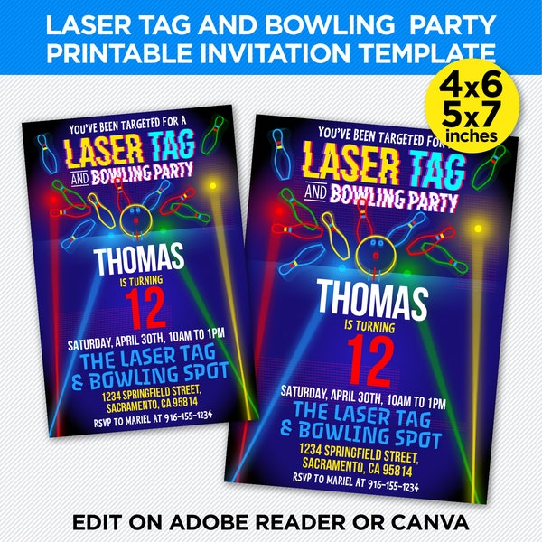 Faire-part imprimable pour soirée bowling et laser game - fête d'anniversaire bowling et laser tag - À modifier vous-même avec Adobe Reader ou Canva