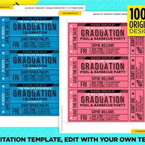 Op de afbeelding: Vier printbare uitnodigingen voor een afstudeerfeest in de vorm van tickets. Twee zijn blauw met zwarte tekst en twee zijn roze met zwarte tekst. De tekst op de blauwe uitnodigingen luidt "Graduation Celebration" ter ere van Christopher Philips. De tekst op de roze uitnodigingen luidt "Graduation Pool & Barbecue Party" ter ere van Sophie Williams. Beide uitnodigingen bevatten de datum, tijd en locatie van het evenement.