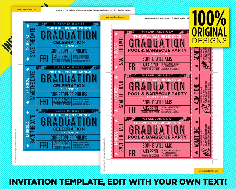 Op de afbeelding: Vier printbare uitnodigingen voor een afstudeerfeest in de vorm van tickets. Twee zijn blauw met zwarte tekst en twee zijn roze met zwarte tekst. De tekst op de blauwe uitnodigingen luidt "Graduation Celebration" ter ere van Christopher Philips. De tekst op de roze uitnodigingen luidt "Graduation Pool & Barbecue Party" ter ere van Sophie Williams. Beide uitnodigingen bevatten de datum, tijd en locatie van het evenement.