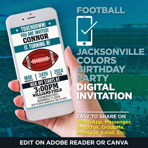 Jacksonville Colors Football Team Birthday Party Digital Invitation | Teal & Black | EDIT With Adobe Reader Or Canva, Share On WhatsApp