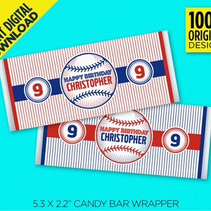 May include: Two printable candy bar wrappers featuring a baseball theme. The wrappers are white with red and blue stripes. The baseball is red, white, and blue with a white stitched seam. The text on the wrappers reads "Happy Birthday Christopher" and "9". The wrappers are 13.5 cm by 5.6 cm.