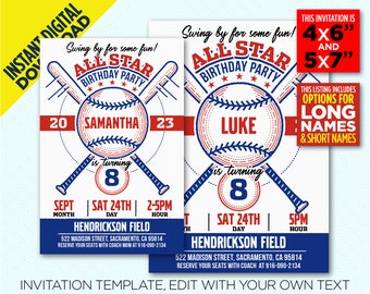Blue & Red All Star Baseball Birthday Party Printable Invitation, Baseball Party Invitation, Instant Digital Download, Edit Yourself At Home