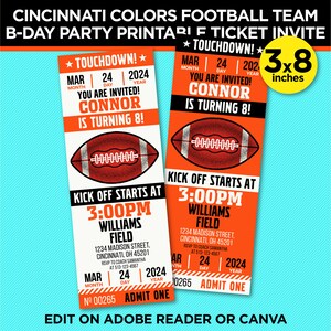 Cincinnati Colors Football Team Birthday Party Printable Ticket Invitation - Orange & Black Invite - EDIT At Home With Adobe Reader Or Canva