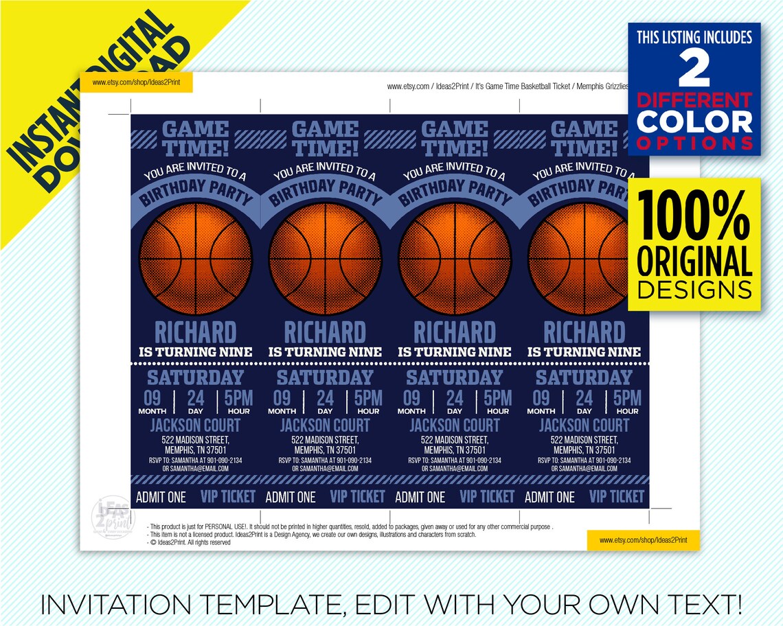 Memphis Grizzlies Ticket Printable Invitation Blue & Navy Etsy