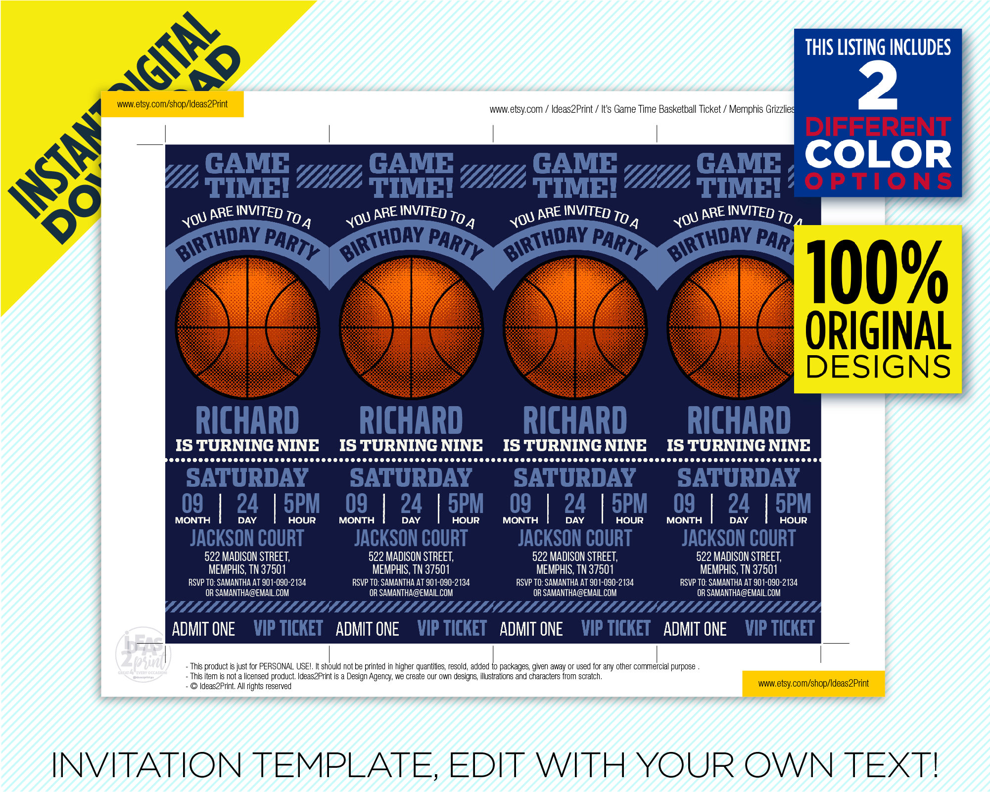 Memphis Grizzlies Ticket Printable Invitation, Blue & Navy Memphis
