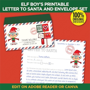 May include: Printable letter to Santa and envelope set featuring an elf boy design. The envelope has a Santa's Workshop logo and a mailbox graphic. The letter includes fill-in-the-blank sections for the child's name and age.