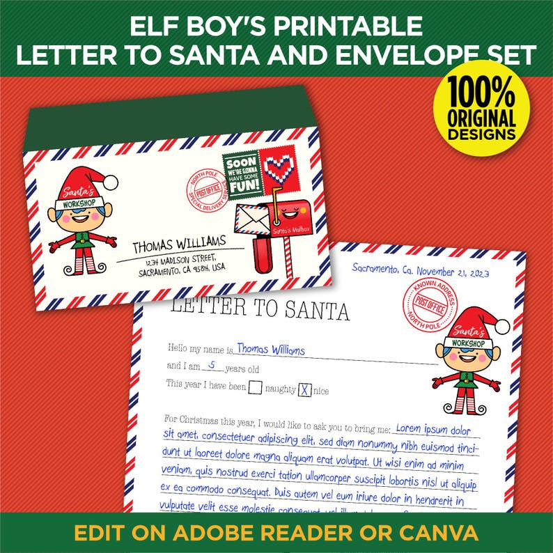 May include: Printable letter to Santa and envelope set featuring an elf boy design. The envelope has a Santa's Workshop logo and a mailbox graphic. The letter includes fill-in-the-blank sections for the child's name and age.