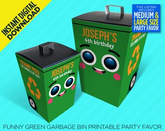 May include: Printable party favor boxes shaped like green garbage cans with a smiling face. The boxes say "Joseph's 4th birthday" and "Thank you for coming to my party".