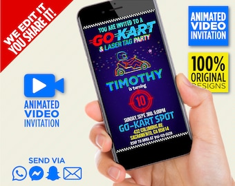 Go Kart & Laser Tag Birthday Party Video Invitation, Boys And Girls Go Kart And Laser Tag Party Video Invite, We Edit It, You Share It