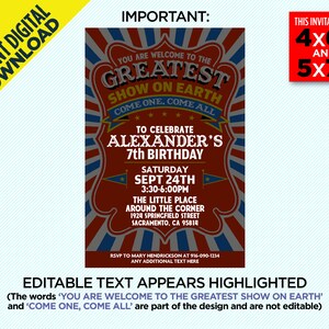 K&ouml;nnte beinhalten: Eine rot-wei&szlig;-blaue Zirkus-Geburtstagseinladung f&uuml;r einen 7. Geburtstag. Die Einladung zeigt ein gro&szlig;es rot-wei&szlig; gestreiftes Zelt mit den Worten "Greatest Show on Earth" in einem wei&szlig;en Kreis. Die Einladung enth&auml;lt auch den Namen "Alexander's" sowie Datum und Uhrzeit der Party. Die Einladung ist in den Gr&ouml;&szlig;en 4x6 Zoll und 5x7 Zoll erh&auml;ltlich.