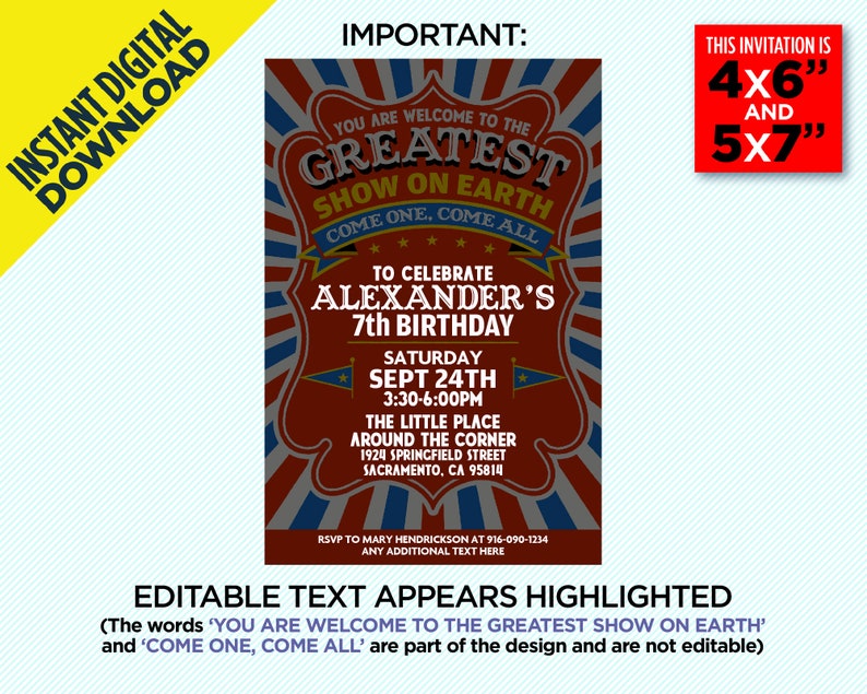 K&ouml;nnte beinhalten: Eine rot-wei&szlig;-blaue Zirkus-Geburtstagseinladung f&uuml;r einen 7. Geburtstag. Die Einladung zeigt ein gro&szlig;es rot-wei&szlig; gestreiftes Zelt mit den Worten "Greatest Show on Earth" in einem wei&szlig;en Kreis. Die Einladung enth&auml;lt auch den Namen "Alexander's" sowie Datum und Uhrzeit der Party. Die Einladung ist in den Gr&ouml;&szlig;en 4x6 Zoll und 5x7 Zoll erh&auml;ltlich.