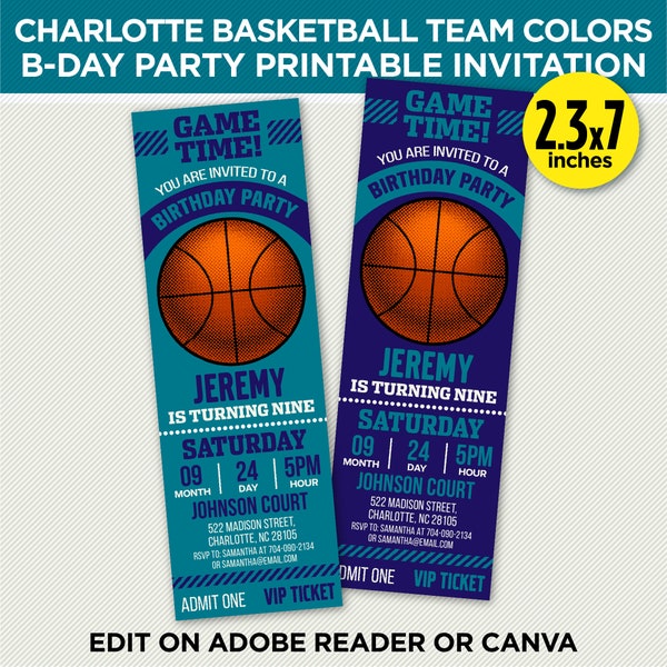 Charlotte Basketball Team Colors Printable Ticket Invitation - Purple & Teal Invite Template - EDIT YOURSELF With Adobe Reader Or Canva