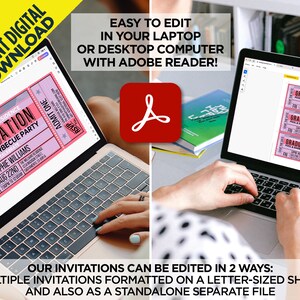 Op de afbeelding: Een laptopscherm waarop een roze en witte uitnodiging voor een afstudeerfeest te zien is met de tekst "GRADUATION POOL & BARBECUE PARTY" en "SOPHIE WILLIAMS AUG 22ND". De uitnodiging is geformatteerd als een ticket met de tekst "ADMIT ONE" en "RSVP" bovenaan. De laptop is open en een hand ligt op het toetsenbord. Het Adobe Reader-logo is zichtbaar op de achtergrond.