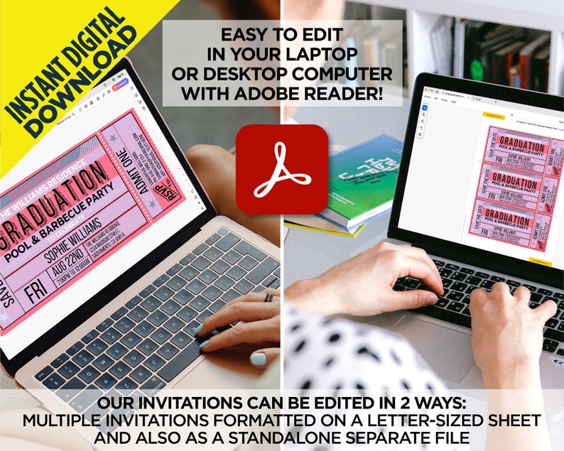 Op de afbeelding: Een laptopscherm waarop een roze en witte uitnodiging voor een afstudeerfeest te zien is met de tekst "GRADUATION POOL & BARBECUE PARTY" en "SOPHIE WILLIAMS AUG 22ND". De uitnodiging is geformatteerd als een ticket met de tekst "ADMIT ONE" en "RSVP" bovenaan. De laptop is open en een hand ligt op het toetsenbord. Het Adobe Reader-logo is zichtbaar op de achtergrond.