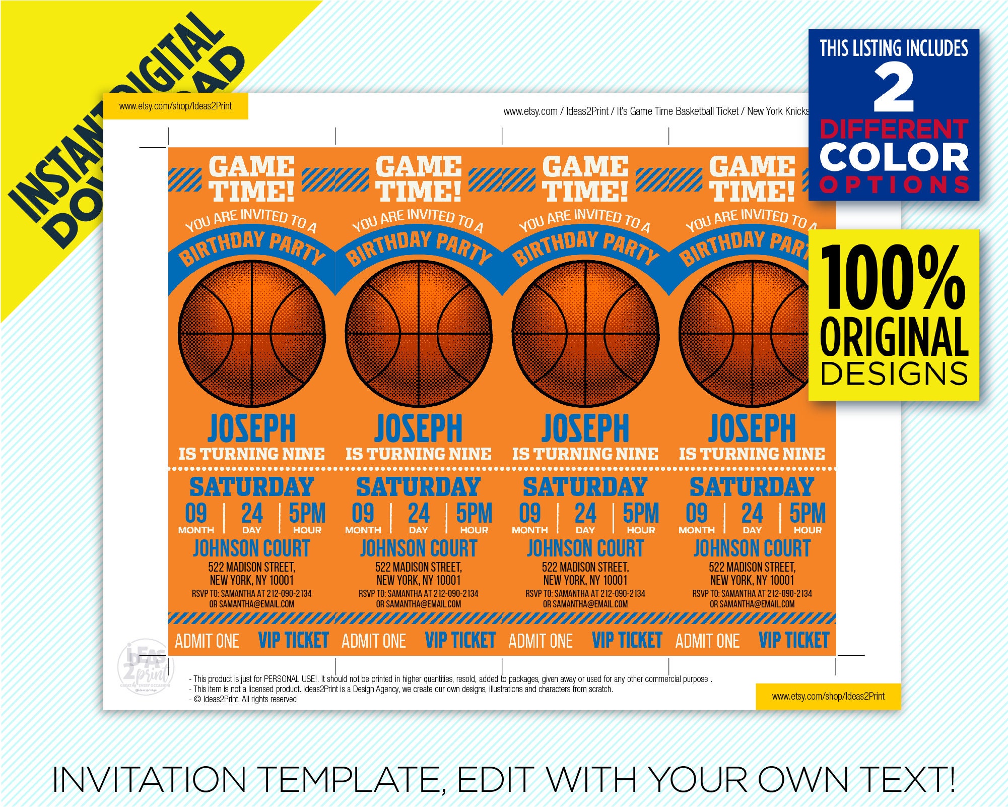 New York Knicks Ticket Printable Invitation, Orange & Blue NY Knicks Basketball Birthday Party