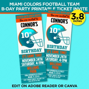 Miami Colors Football Team Birthday Party Printable Ticket Invitation - Aqua & Orange Invite Template - EDIT With Adobe Reader Or Canva