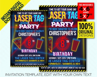 Laser Tag, Pizza & Drinks Birthday Party, Printable Invitation, Pizza And Drinks Party, Laser Tag Party Invite, Edit Yourself At Home