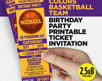 Basketball Team Birthday Party Ticket Invitation | Purple & Gold | Printable
