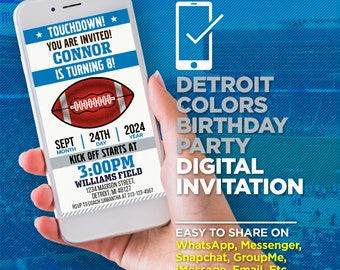 Detroit Colors Football Team Birthday Party Digital Invitation - Blue & Silver Evite - EDIT With Adobe Reader Or Canva, Share On WhatsApp