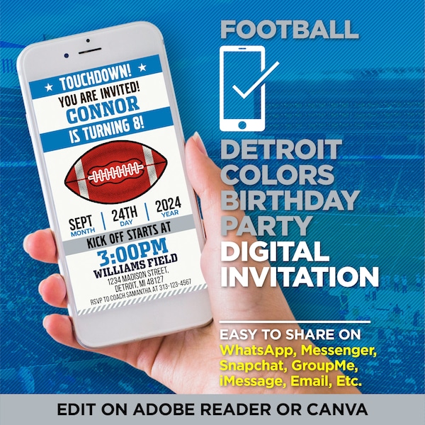 Detroit Colors Football Team Birthday Party Digital Invitation - Blue & Silver Evite - EDIT With Adobe Reader Or Canva, Share On WhatsApp