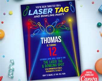 Laser Tag & Bowling Party Einladung | Bearbeitbare Geburtstagseinladung | Canva Vorlage
