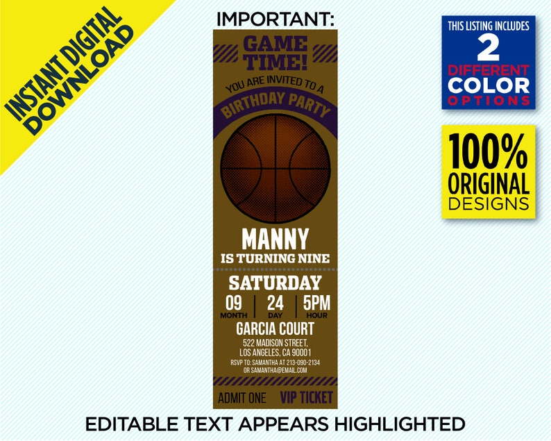 Los Angeles Lakers Ticket Printable Invitation LA Lakers - Etsy