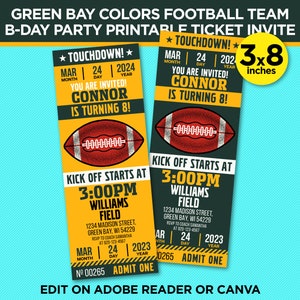Green Bay Colors Football Team Birthday Party Printable Ticket Invitation - EDIT YOURSELF At Home With Adobe Reader Or Canva