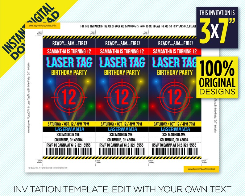 Laser Tag Ticket Birthday Party Printable Invitation Etsy