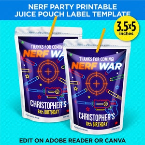Nerf War Party Printable Juice Pouch Label - Capri Sun Label Template - Dart Wars Birthday - EDIT YOURSELF With Adobe Reader Or Canva