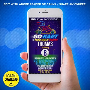 Può includere: Un invito digitale per una festa di go-kart e minigolf per l'ottavo compleanno di Thomas. L'invito presenta un go-kart di cartone animato con un bagliore al neon e il testo "Pronti, partenza, via!... Siete invitati a una festa di go-kart e minigolf Thomas compie 8 anni". L'invito include anche la data, l'ora e il luogo della festa, nonché un numero di RSVP.