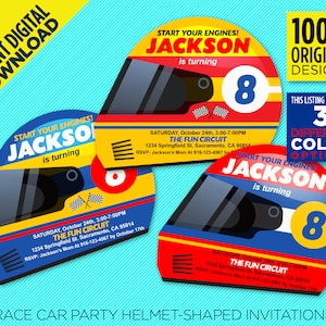 Race Car Birthday Party Helmet-Shaped Printable Invitation -  Racing Helmet 5 x 4&quot; Invite Template - EDIT YOURSELF At Home With Adobe Reader