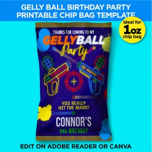 May include: Printable chip bag template for a Gelly Ball party. The bag features a neon design with two laser tag guns, a target, and the text "Gelly Ball Party". The bag is ideal for a 1 oz chip bag.