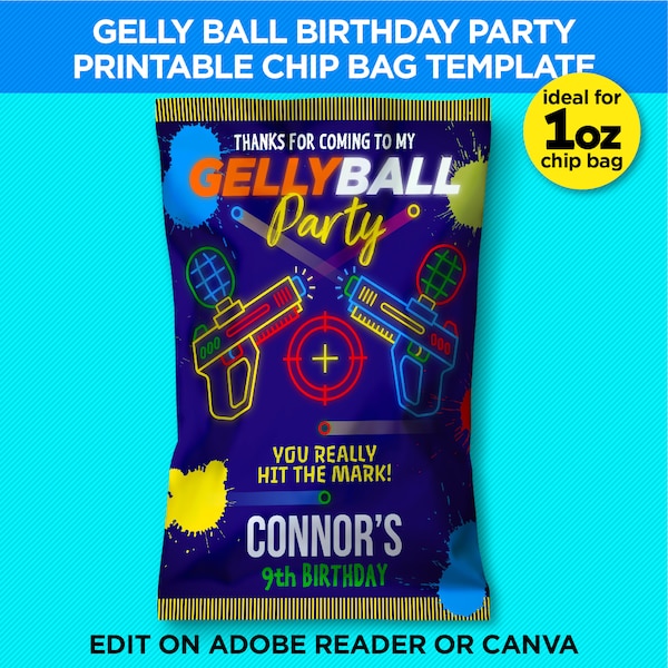 Gelly Ball Party Printable Chip Bag, Ideal For 1oz Chip Bag Or Party Favor Bag - Paint Ball Bday Party - EDIT With Adobe Reader Or Canva