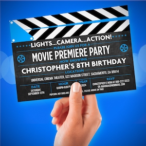 Movie Birthday Invitation for Kids | Editable Clapboard Party Invite | Printable Instant Download | Lights Camera Action Theme