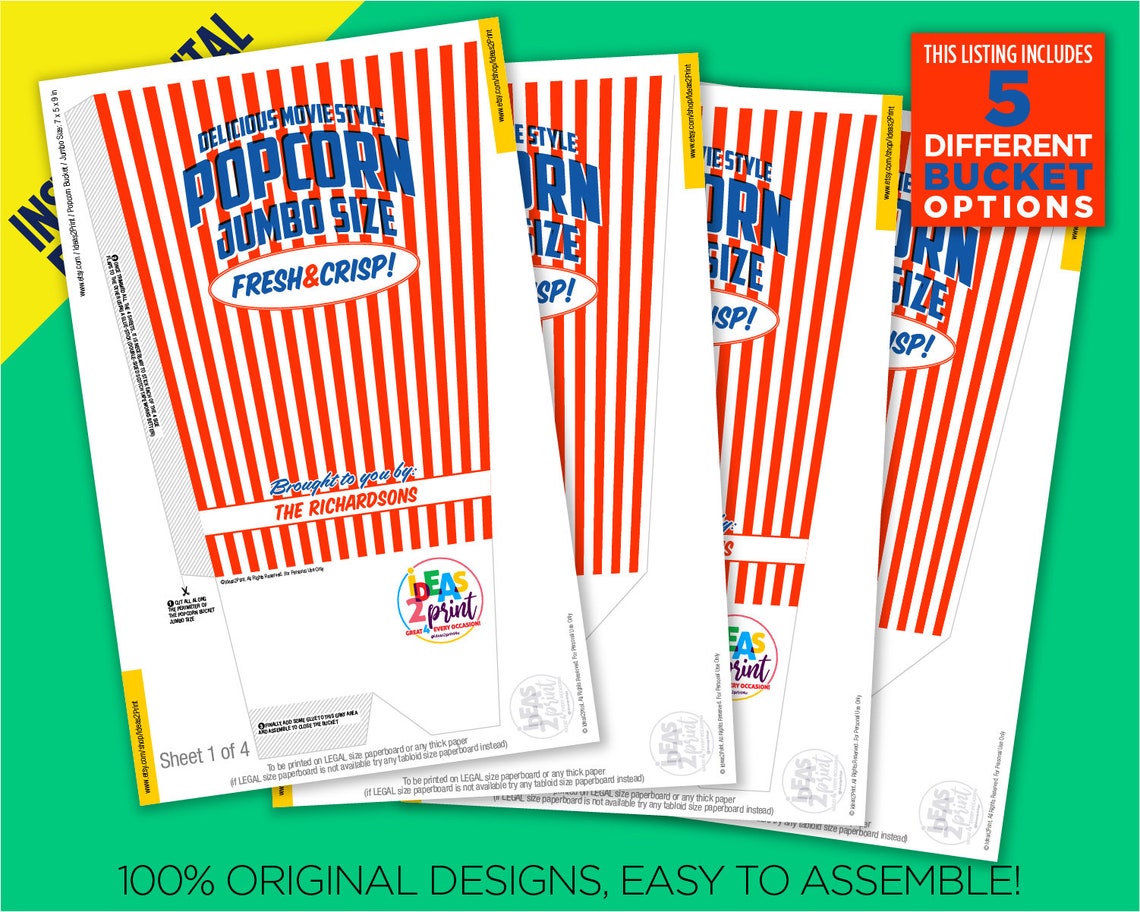 DIY Vintage Popcorn Bucket Printable 4 Different Sizes Etsy