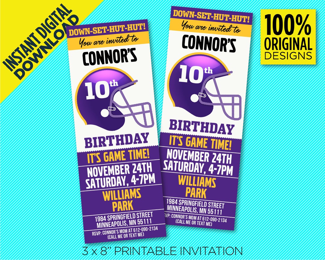 Minnesota Vikings, Birthday Party, 3x8in Printable Invitation ...