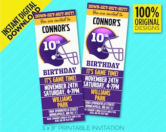 Minnesota Vikings, Birthday Party, 3x8in Printable Invitation, Touchdown, Vikings Football Printable Invitation, Edit Yourself At Home