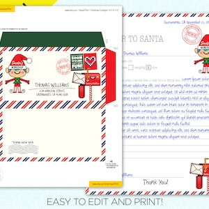 May include: A printable Christmas envelope and letter to Santa Claus. The envelope features a Santa's Workshop elf design, red and blue stripes, and a mailbox illustration. The letter includes a space for the child's name and a section to list gift requests.